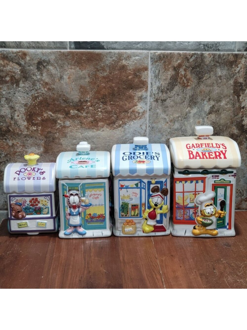 Vintage Garfield Danbury Mint Ceramic Canister Set Complete 4pc Bakery Grocery f